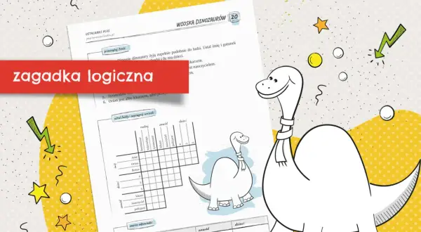 Urocza grafika z dinozaurami i tabelą do rozwiązania zagadki logicznej dla dzieci.