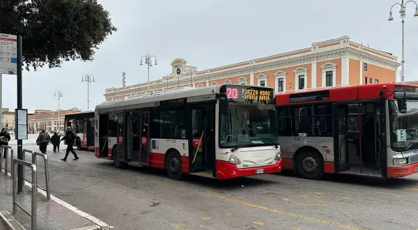Autobusy komunikacji miejskiej w Bari czekają na pasażerów. Jeden z nich, linia 20, kieruje się na Piazza Moro.