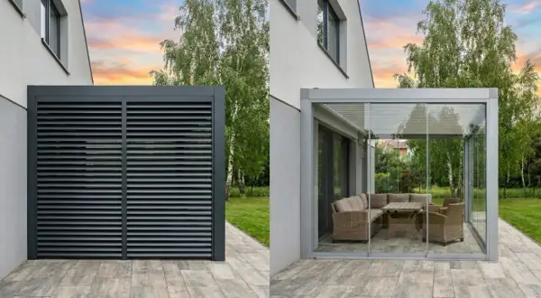 Nowoczesna pergola z przeszklonymi ścianami i meblami wypoczynkowymi, obok zamknięta żaluzjami. Elegancka posadzka z płytek imitujących drewno.