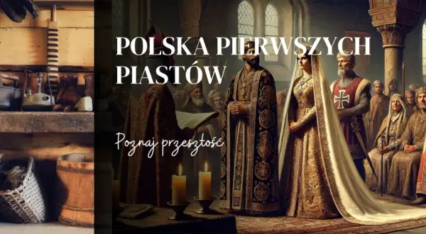 Obraz przedstawia scenę z czasów pierwszych Piastów, ukazując początki państwa polskiego.