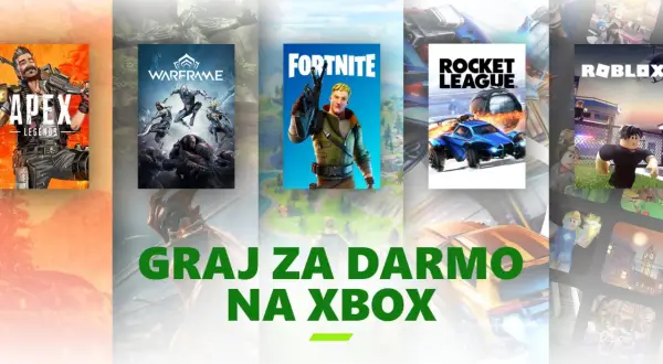 Graj za darmo na Xbox! Zobacz okładki gier: Apex Legends, Warframe, Fortnite, Rocket League i Roblox.