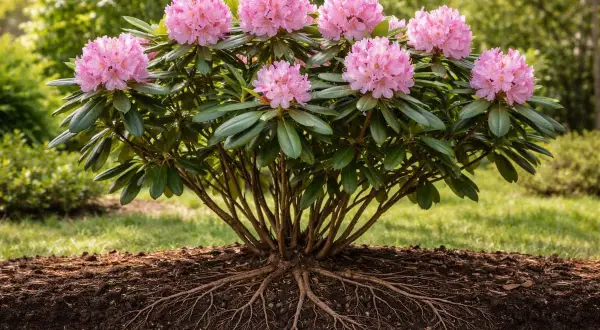Un rododendro de hoja perenne florece con racimos de flores rosadas. Sus raíces se extienden por la tierra fértil.