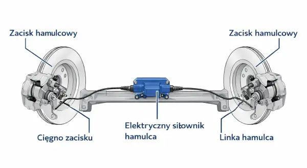 Schemat elektrycznego hamulca postojowego: zaciski hamulcowe, cięgno, linka i elektryczny siłownik hamulca.