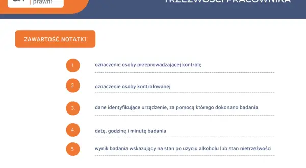 Notatka z przebiegu badania trzeźwości pracownika, zawierająca dane kontrolującego, kontrolowanego, urządzenia, datę i wynik. Dokument ten stanowi część akt osobowych, sekcja E.