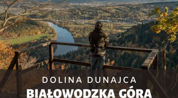 Widok z **Białowodzkiej Góry** na meandrującą rzekę Dunajec i jesienne krajobrazy.