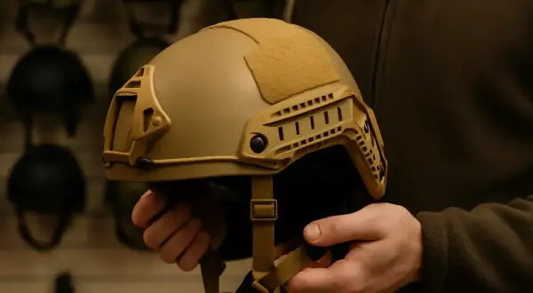 Manos sostienen un casco de combate táctico color arena, con rieles laterales y velcro para accesorios.