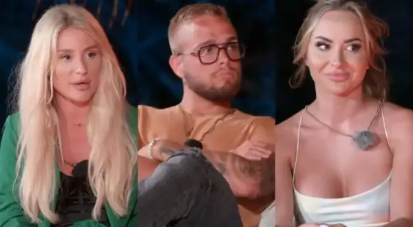 Trzy osoby z Hotel Paradise All Stars: blondynka w zielonej marynarce, mężczyzna w okularach i brązowej koszulce, oraz blondynka w białej sukience.