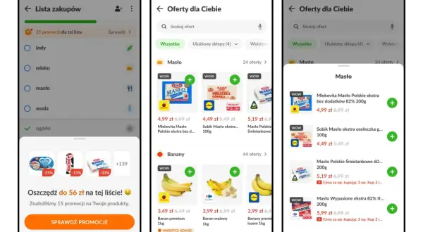 Aplikacja lista zakupów pokazuje promocje na masło i banany. Znajdź najlepsze oferty, by oszczędzić.
