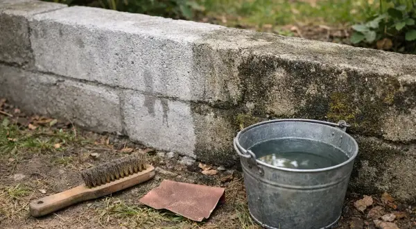 Narzędzia do czyszczenia: wiadro z wodą, szczotka i papier ścierny, gotowe do pracy, jak odnowić stary murek betonowy.