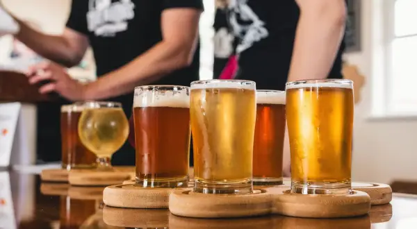 Assaggio di diverse birre artigianali in bicchieri su un tavolo di legno lucido.