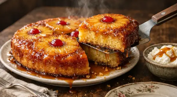 Un gâteau ananas grand-mère fumant, avec une part servie sur une pelle, dégoulinant de caramel. Une touche de cerise sur chaque tranche d'ananas.