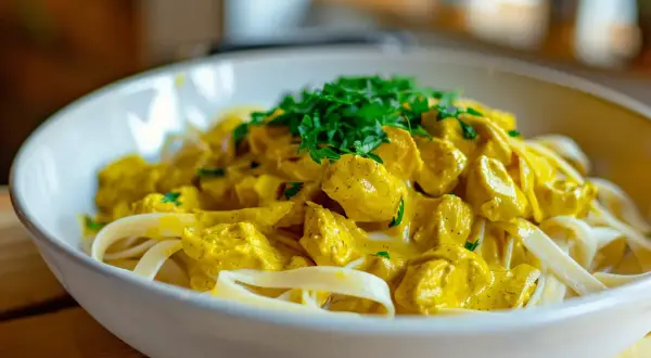 En skål med krämig kycklingcurry pasta, toppad med färsk persilja. En härlig och smakrik rätt.