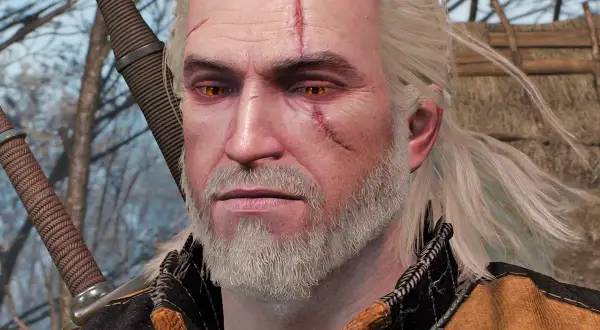 Geralt z Rivii, bohater Wiedźmin 3, z bliznami na twarzy i mieczem za plecami, wygląda jakby szykował się na kolejną przygodę.