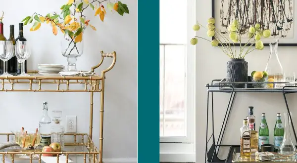 Elegant bar cart decor ideas: a gold bamboo cart with fall leaves and a modern black cart with abstract art.
