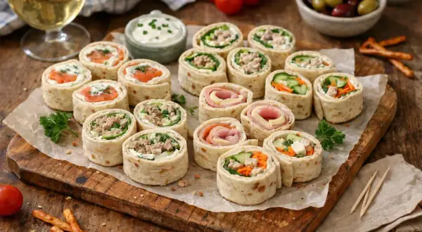 Plateau de wrap apéro garni de saumon, viande hachée, jambon et crudités. Parfait pour un apéritif convivial.