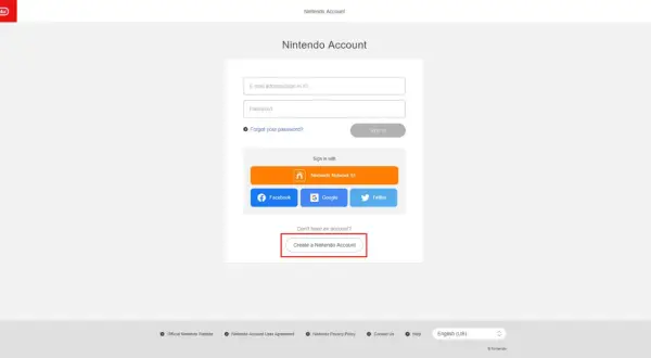 Strona logowania Nintendo. Kliknij "Create a Nintendo Account", aby dowiedzieć się, jak założyć konto na Nintendo Switch.