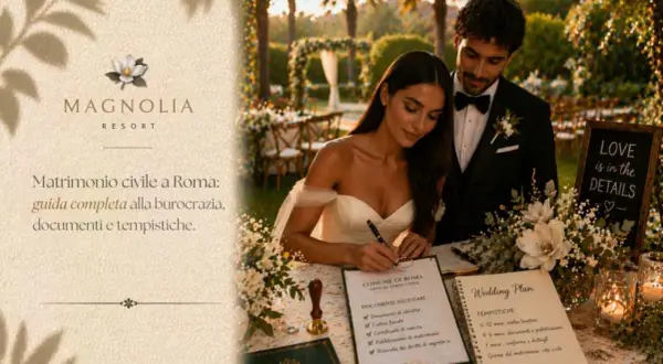 Coppia felice firma i documenti per sposarsi in comune a Roma, con una guida alla burocrazia e tempistiche.