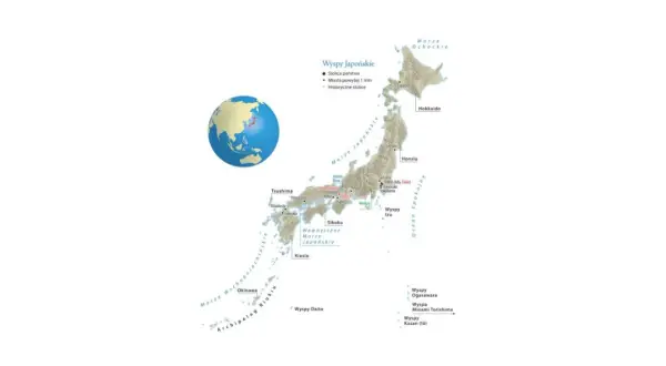 Japonia opis: mapa wysp japońskich z zaznaczonymi głównymi wyspami (Hokkaido, Honsiu, Sikoku, Kiusiu), miastami i morzami.