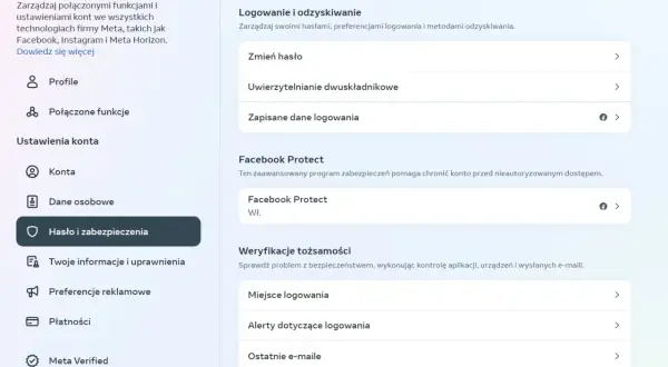 Ustawienia "Hasło i zabezpieczenia" konta Meta. Dowiedz się, jak założyć hasło na Messengera, zmieniając je lub włączając uwierzytelnianie dwuskładnikowe.