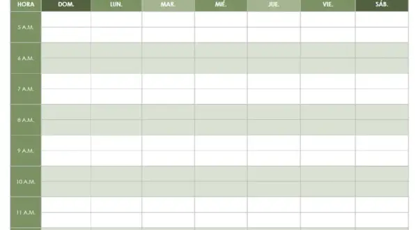 Plantilla calendario semanal en blanco con horas y días de la semana para organizar tu tiempo.
