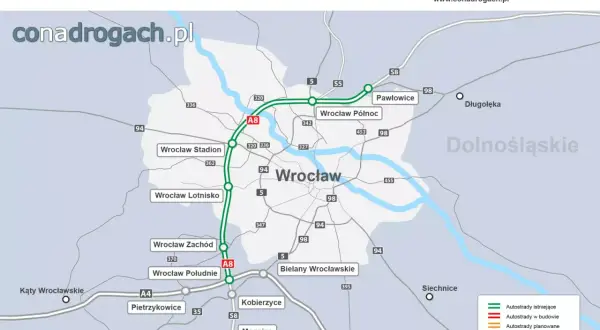 Mapa Autostradowej Obwodnicy Wrocławia - A8, pokazująca istniejące i planowane odcinki dróg wokół miasta.