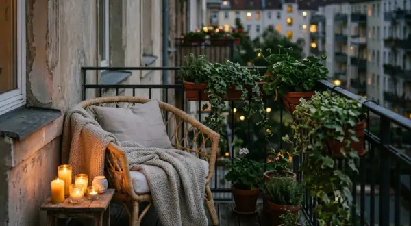 Przytulny balkon z wiklinowym fotelem, kocem i poduszką. Kilka świec tworzy ciepły blask, idealny pomysł na oświetlenie balkonu. W tle widać miasto nocą.