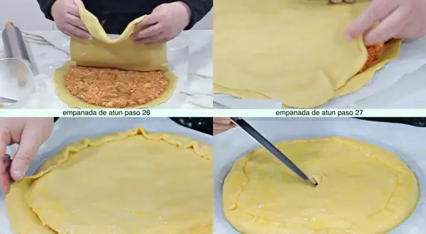 Manos cubriendo un relleno con masa empanada, creando una deliciosa empanada.