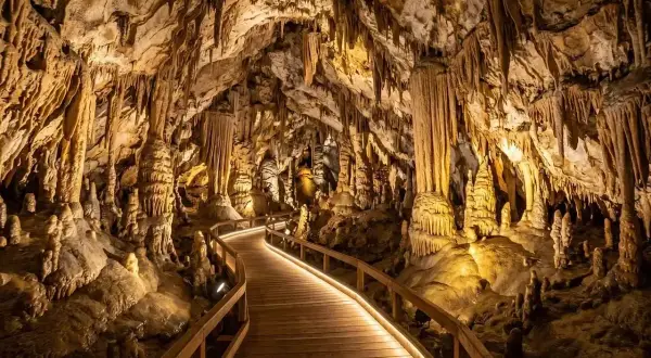 Drewniana ścieżka prowadzi przez jaskinię pełną stalaktytów i stalagmitów. To piękny przykład tego, czym jest speleologia.