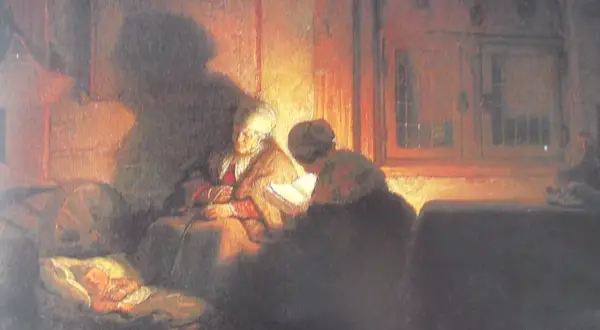 Nastrojowy, mroczny **nocturne** ukazuje dwie postacie przy świetle lampy. Jedna czyta, druga opiera się o mebel.