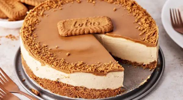 Ein cremiger Lotus Cheesecake mit Karamellglasur und Keksbröseln, dekoriert mit einem Lotus-Keks.