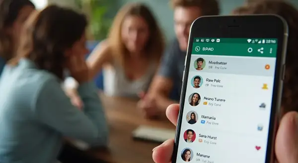 Osoba trzyma telefon z listą kontaktów WhatsApp, pokazując, jak zrobić ankietę na WhatsAppie. W tle widać grupę przyjaciół.