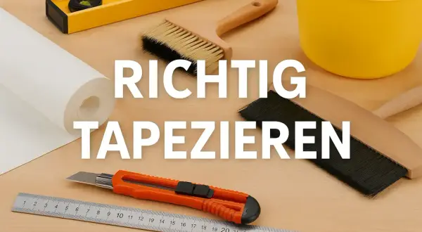 Werkzeug zum Tapezieren: Tapetenrolle, Wasserwaage, Bürsten, Eimer, Cuttermesser und Lineal. So gelingt das Tapezieren richtig.