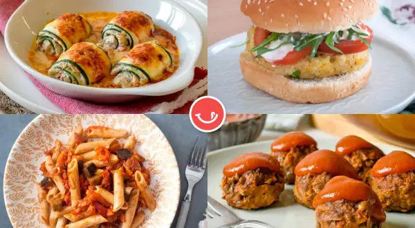 Un plato del buen comer para niños: rollitos de calabacín, hamburguesa, pasta con verduras y albóndigas.