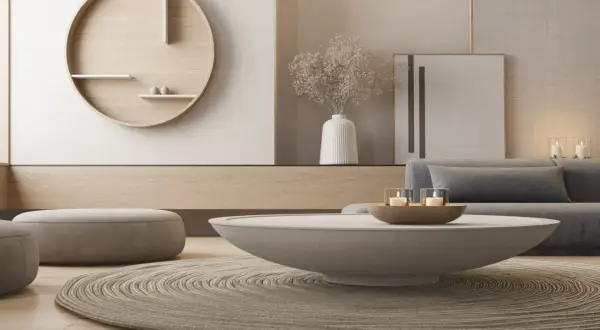 Een serene woonkamer met zachte verlichting en natuurlijke materialen. De ronde wanddecoratie en het vloerkleed creëren een rustige ambiance, een ander woord voor sfeer.