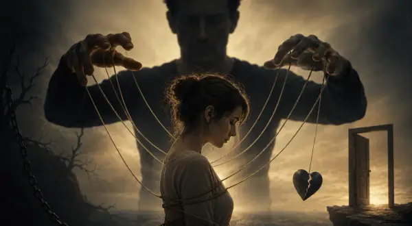Mroczna wizja, jak mści się narcyz. Kobieta-marionetka, jej złamane serce wisi na sznurkach, a za nią cień kontroluje jej los.