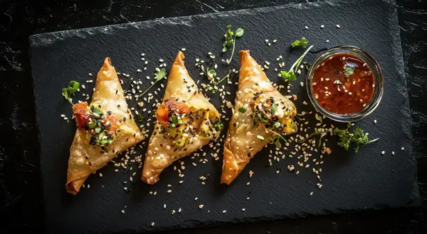 Trois samoussas dorés garnis de graines de sésame et de pousses, servis avec une sauce épicée. Une recette samoussa qui met l'eau à la bouche !