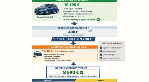 Calcul d'indemnisation pour une voiture épave : valeur vénale, franchise, rachat et remboursement de l'assurance.