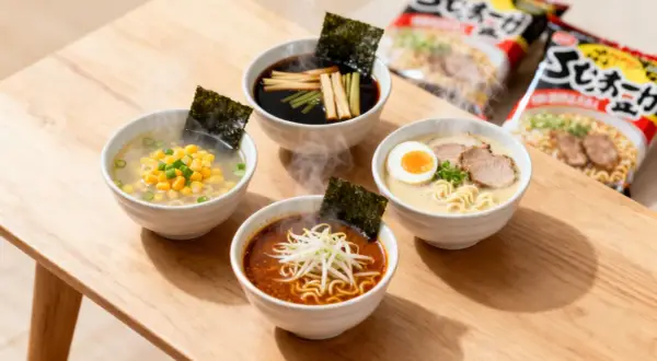 Fyra skålar med ångande nudlar, olika toppingar och nori. Ett perfekt nudlar recept för en snabb och god måltid.