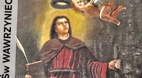 Św. Wawrzyniec, młody święty z aureolą, otrzymuje wieniec od aniołka. Trzyma księgę i pióro.