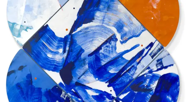 Vibrant contemporary abstract art with bold blue brushstrokes on white, accented by orange and light blue shapes.