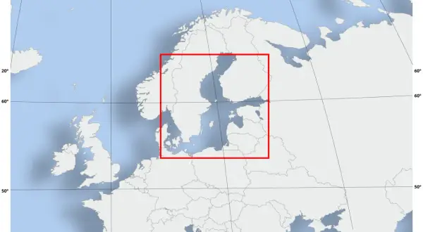Mapa Europy Północnej z zaznaczonym Bałtykiem. Czy Bałtyk jest morzem śródziemnym? Ta mapa pokazuje, że Bałtyk jest morzem wciśniętym w ląd, otoczonym przez kraje Europy.