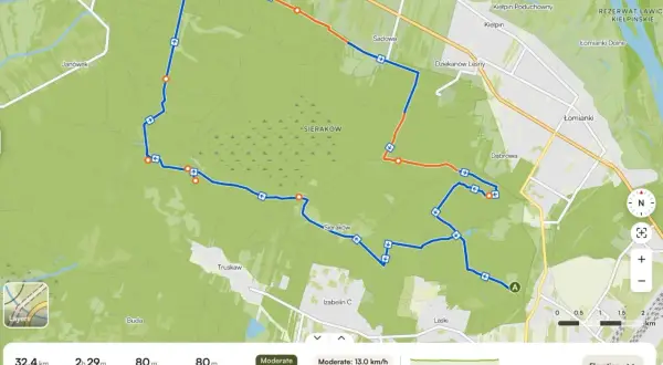 Trasy MTB Warszawa: mapa 32,4 km pętli przez lasy Siera-kowa i okolic. Trasa umiarkowana, 2h 29m w ruchu.