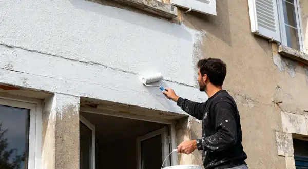 Un homme applique une peinture blanche sur un crépi extérieur à l'aide d'un rouleau.