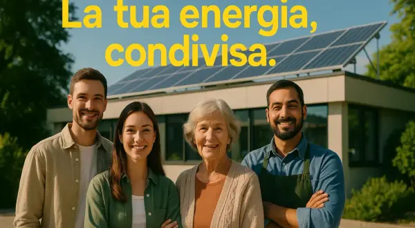 Persone sorridenti davanti a un edificio con pannelli solari, un esempio di comunità energetiche.