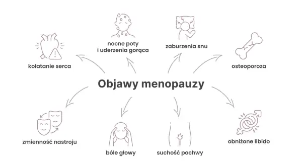 Objawy menopauzy: kołatanie serca, nocne poty, zaburzenia snu, osteoporoza, zmienność nastroju, bóle głowy, suchość pochwy, obniżone libido.