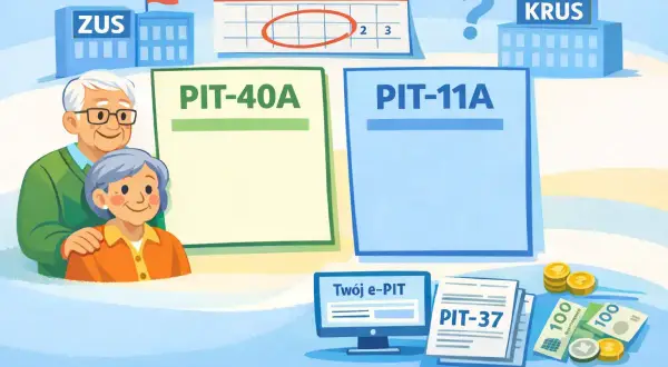 Czy emeryt musi rozliczyć PIT-11A? ZUS i KRUS obok PIT-40A i PIT-11A, kalendarz z końcem lutego i komputer z e-PIT.