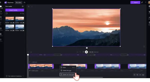 Edytor wideo Clipchamp. Tworzenie pokazu slajdów z górskim krajobrazem o wschodzie słońca, przypominającego time lapse.