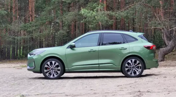 Zielony Ford Kuga Hybrid na tle sosnowego lasu. Elegancki SUV gotowy na przygodę.