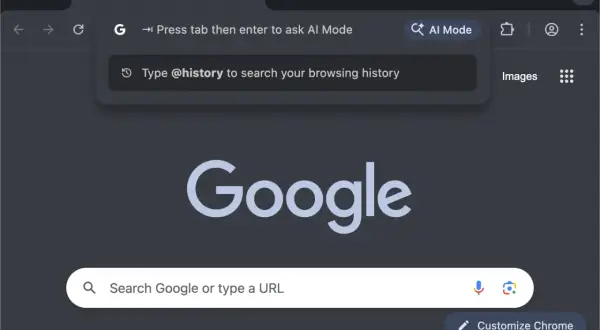 Przycisk "AI Mode" w pasku adresu Google Chrome. Aby wyłączyć tryb AI, naciśnij Tab, a następnie Enter.