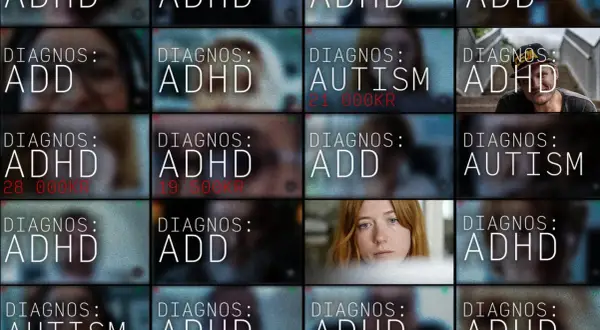 En mosaik av diagnoser, inklusive ADHD, Autism och ADD. En vuxen man med ADHD syns leende i ett av fälten.